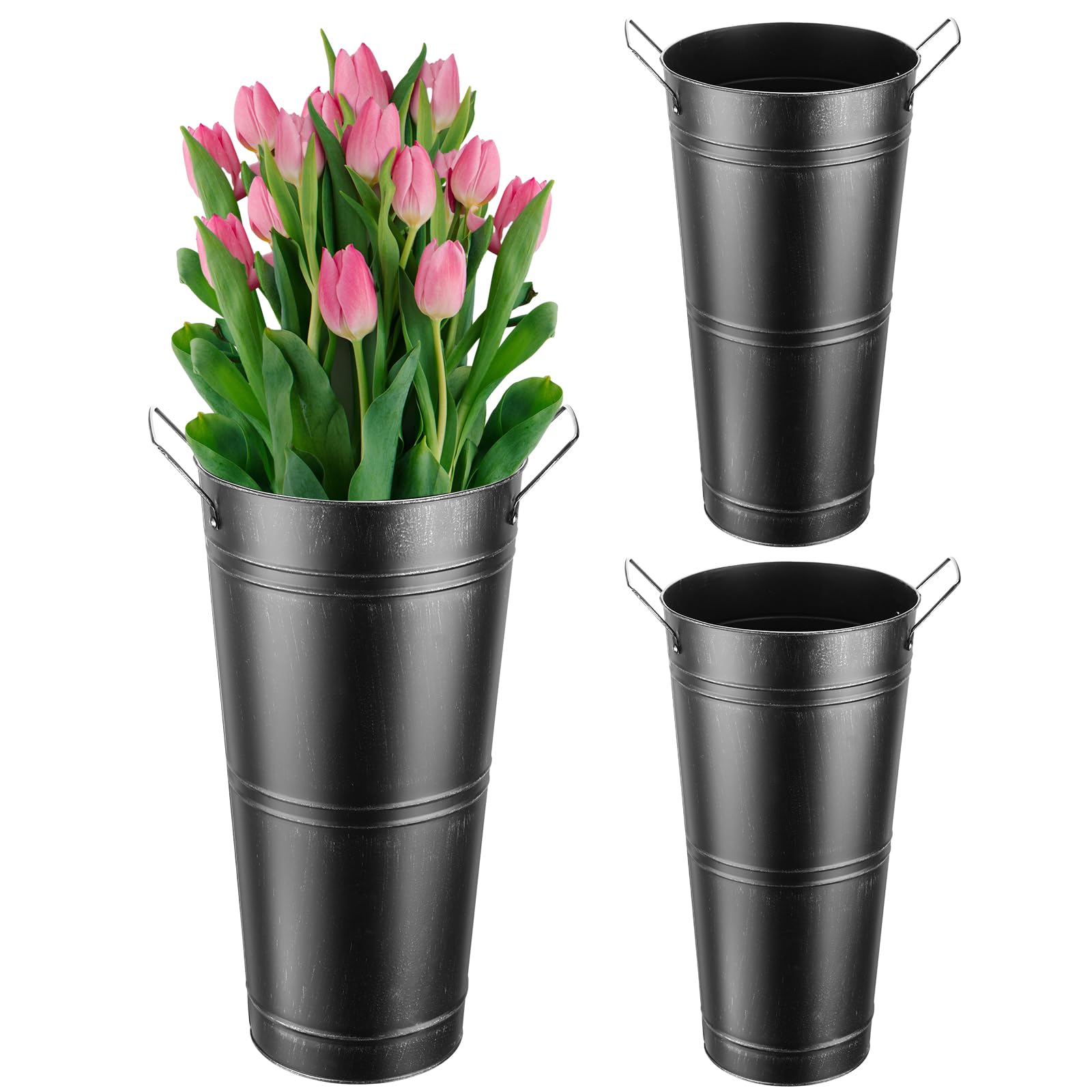Chumia 3 Pcs 17.7" Wedding Galvanized Metal Vases Farmhouse French Bucket with Handles Galvanized Bucket Metal Flower Vase Bar Supplies for Dried Floral Table Arrangements Vintage Home(Black)