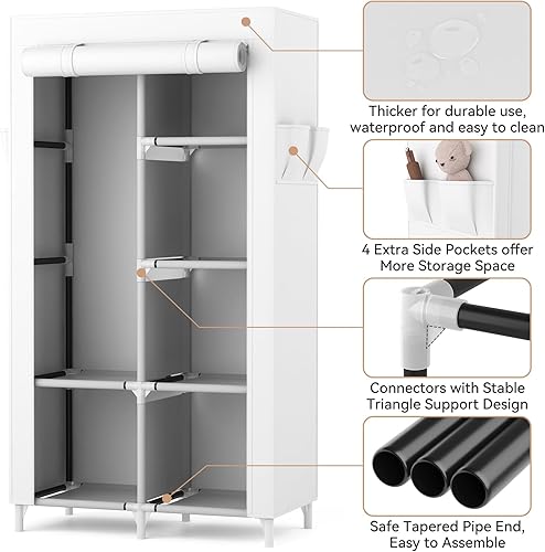 Vista 4 de ROJASOP Armario Portátil Guardarropa Armario para Colgar Ropa con 6 Estantes de Almacenamiento, 1 Barra para Colgar y 4 Bolsillos, Organizador
