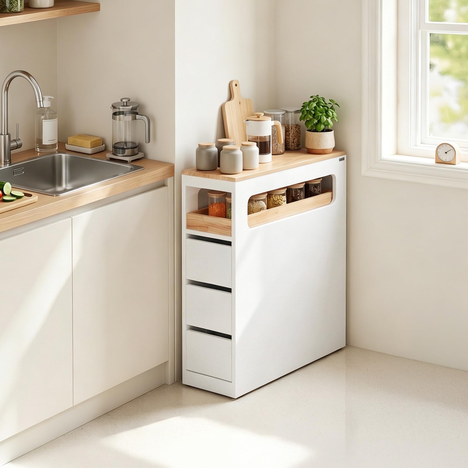 SoBuy Carrello Cucina Mobiletto Salvaspazio con Ruote 65x23x82cm | con Piano Di Lavoro, Cassetto E Ripiani Aperti, Carrello Portaoggetti Per Cucina, Bianco, BZR54-II-Wc