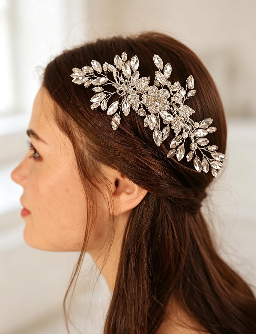 Wedding Silver Flower Leaf Crystal Rhinestone Hair Comb Teardrop Crystal Rhinestone Beads Hair Comb Wedding Hair Accessories for Women Girls