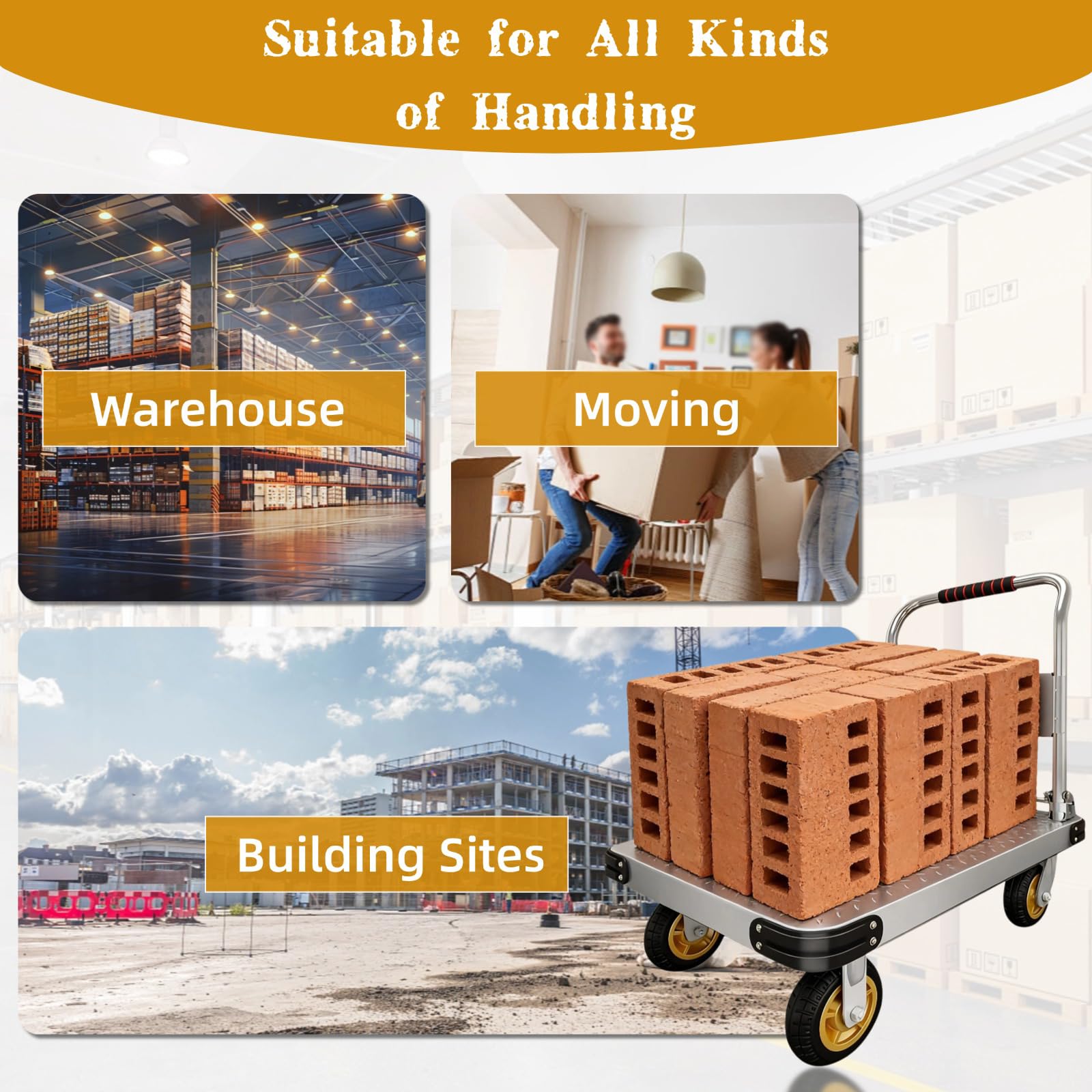 Carrello Pieghevole a Piattaforma 500kg, Carrello Trasporto con 4 Ruote Antiscivolo e Strisce Paracolpi, Ideale per Fabbriche, Cantieri e Trasporti Industriali(Size:90x60cm)