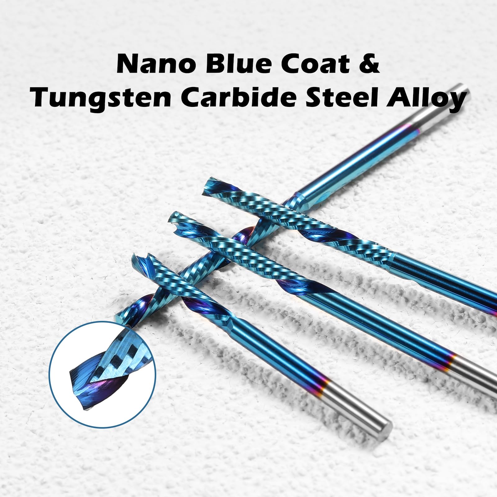Genmitsu Chwyt 1/8 cala, 5 szt., spiralne frezy z węglika spiekanego w górę i w dół, frezy CNC, nano niebieski płaszcz frezy CNC do drewna, akrylu, PCB, MDF, OC05A