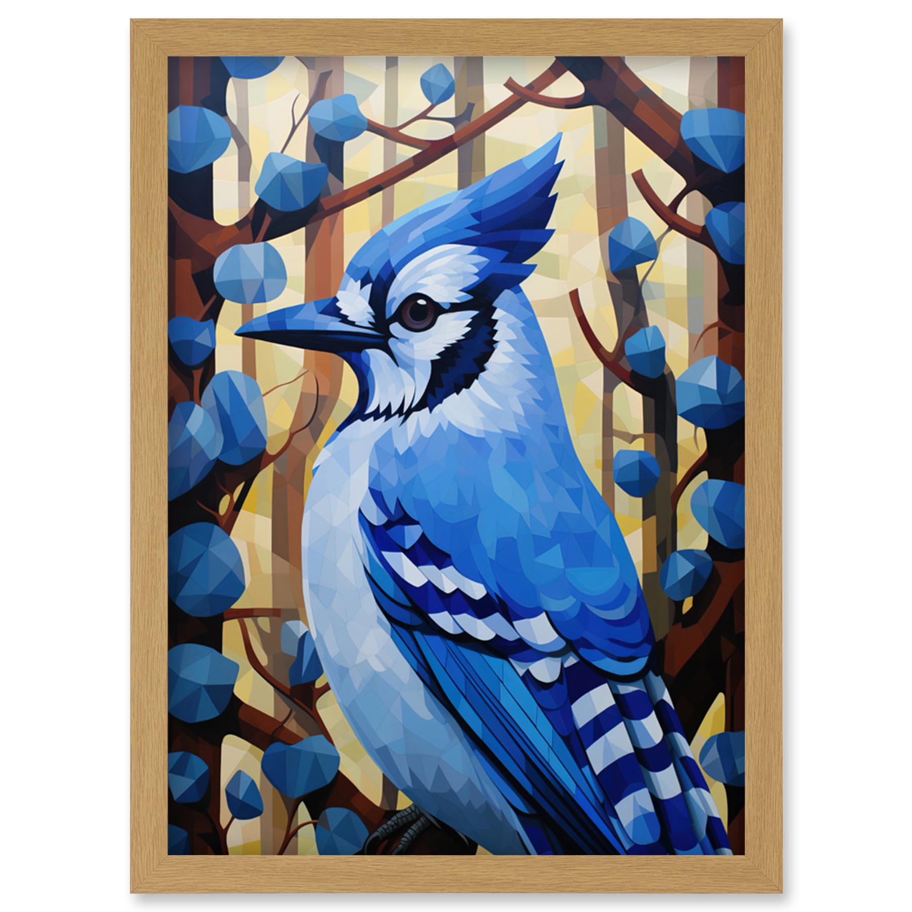 Artery8 Blue Jay Geometric Artwork Wild Bird Perched on Tree Polygonal Forest Landscape Artwork Framed Wall Art Print A4