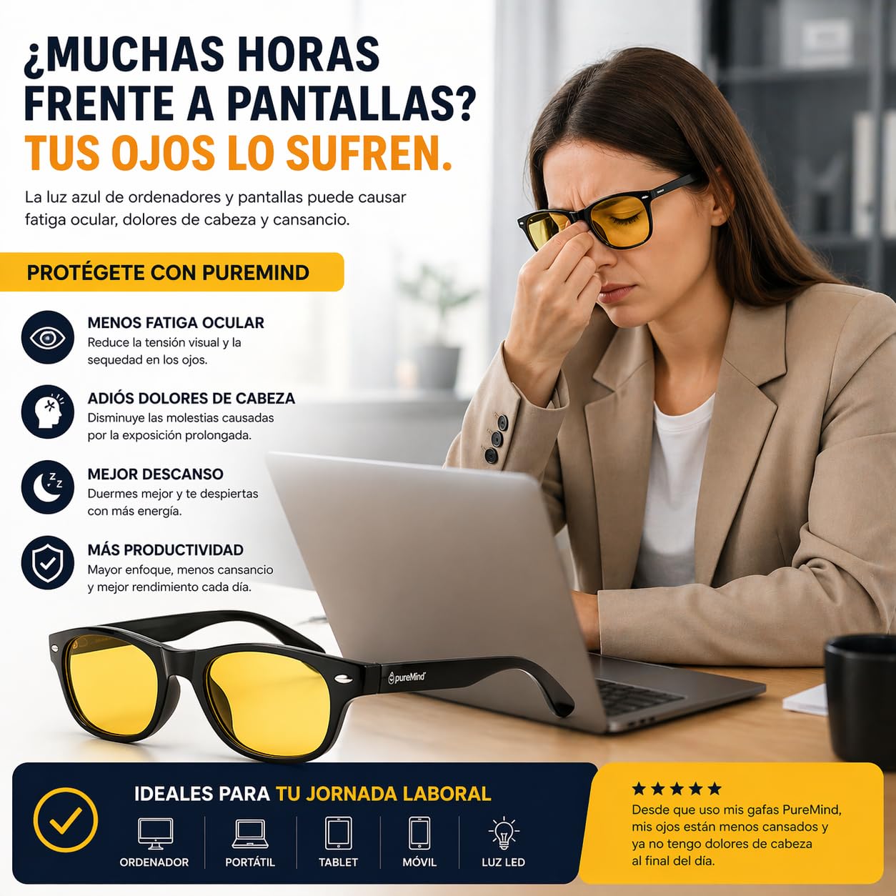 Puremind Gafas Luz Azul Unisex – Anti Luz Azul para Ordenador + Pantalla y Gaming - Gafas Protección Pantallas de Ordenador + Antifatiga y Filtro Azul - Blue Light Blocking Glasses