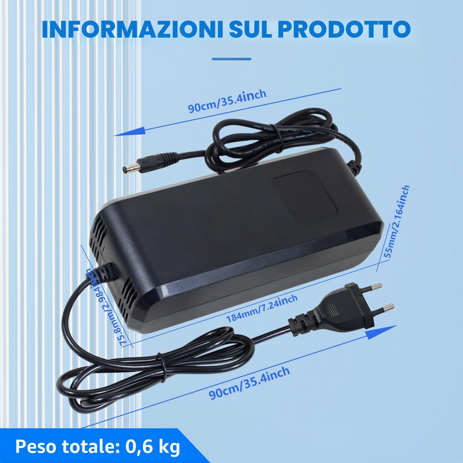Caricatore per batteria al litio da 48V per E-Bike scooter elettrico DC1 foro 5,5 * 2,1mm connettore, alimentatore 54,6V 4a con ventola integrata, con indicatore della tensione di