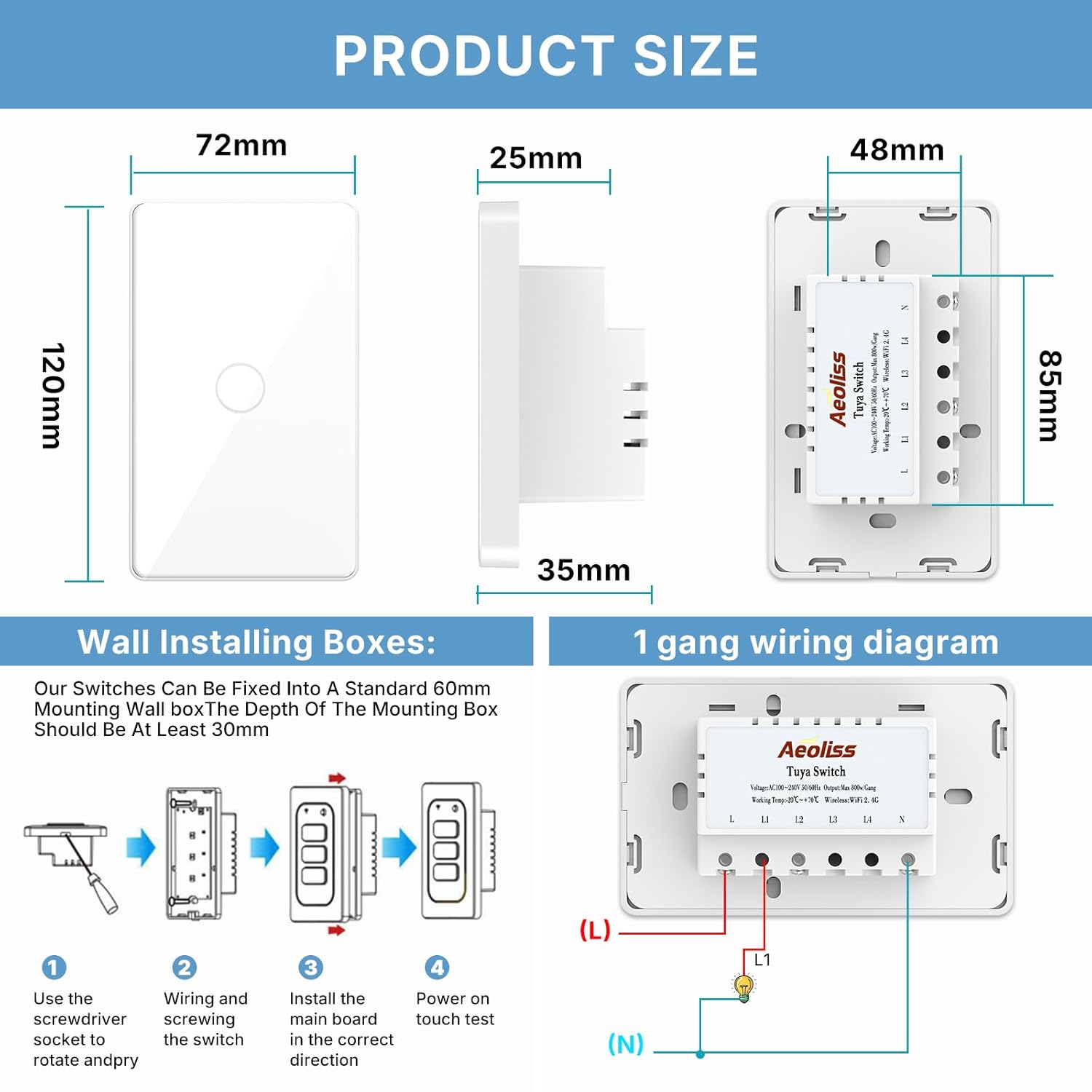 2nd Generation WiFi RF433 Smart Touch Wall Single Fire Smart Switch,No Neutral Wire Needed Compatible with Smart Life/Tuya App, Compatible with Alexa and Google Home (White 1 Gang, White)