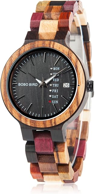 GUANKE Women Watches Wooden Colorful Bamboo Watches for Men Female with Week Date Display Handmade Natural Wood Casual Wirst Watches for Ladies Men Wrist Personalized Decor