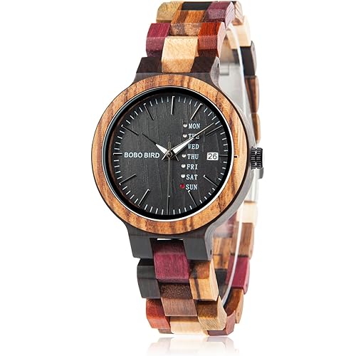 Women Watches Wooden Colorful Bamboo Watches for Men Female with Week Date Display Handmade Natural Wood Casual Wirst Watches for Ladies Men Wrist Personalized Decor