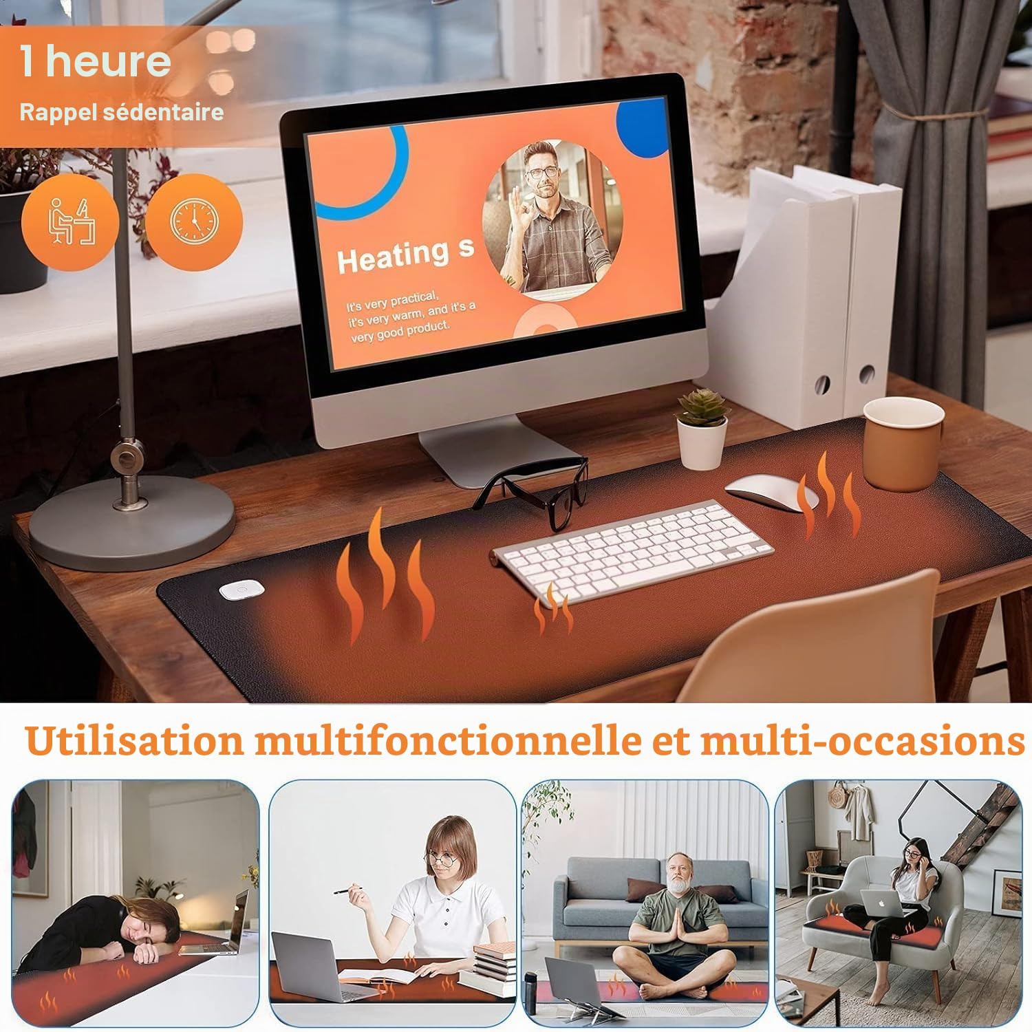 Tapis de souris chauffant – Tapis de bureau chaud, tapis chauffant électrique avec 3 niveaux de chauffage et 4 heures d'arrêt automatique, 80 x 33 cm, tapis de souris de jeu (noir)