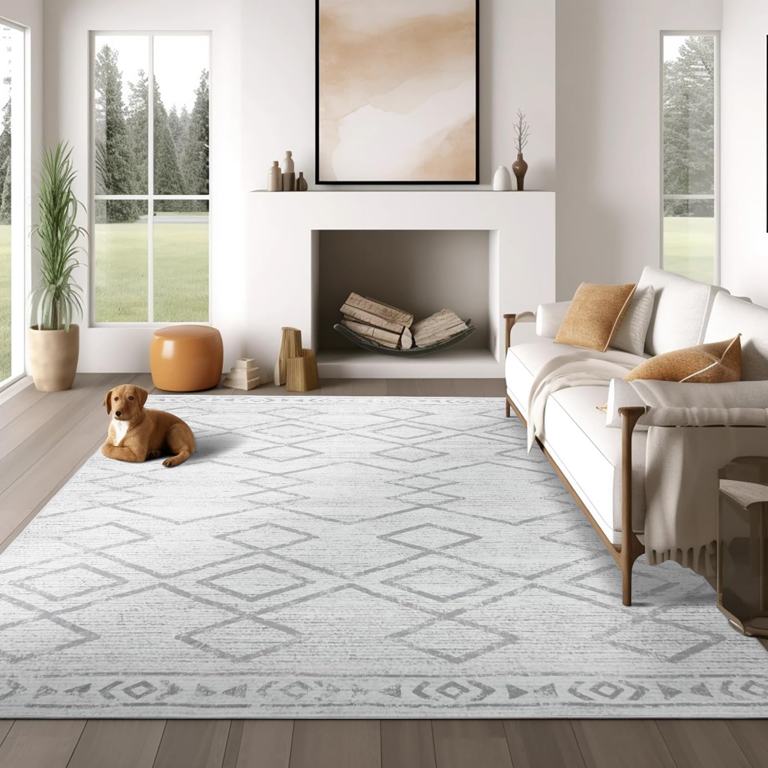 JINCHAN Area Rug 244x305CM Moroccan Rug Living Room Rug Washable Rug Soft Rug Modern Geometric Contemporary Indoor Non Slip Carpet for Bedroom Kitchen Dining Room Farmhouse Grey