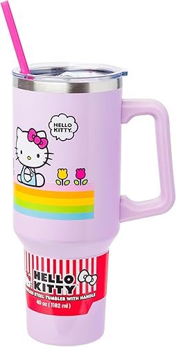 Silver Buffalo Sanrio - Vaso de acero inoxidable con asa y pajilla, diseño de flores de primavera y verano, diseño de flores de primavera y verano, disponible en Yaxa Peru