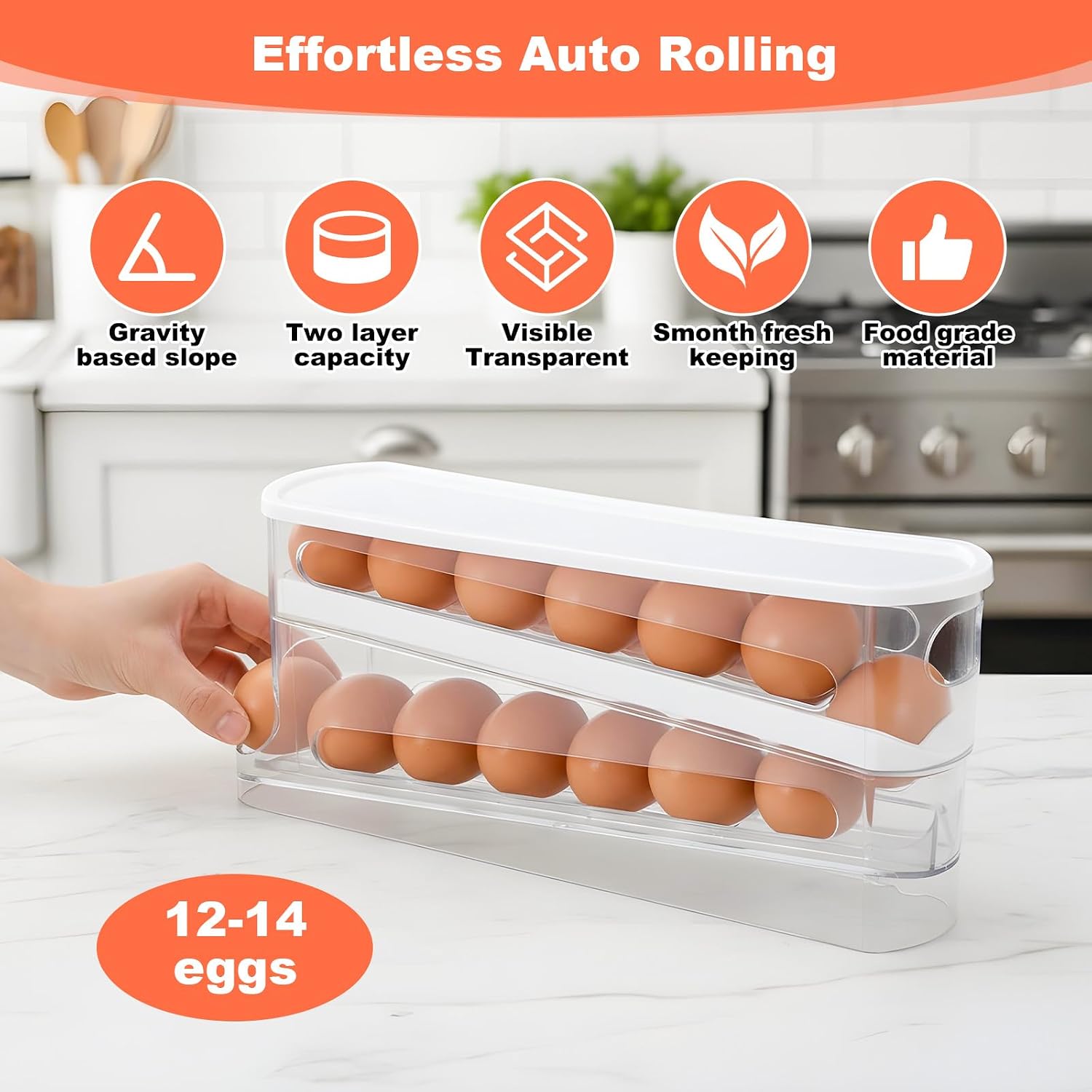 2 Pack Egg Dispenser for Refrigerator 4 Floors Eggs Holder for Fridges Auto Rolling Fridge Egg Carton 14 Grid Space Saving Clear Eggs Storage Box Rolls Stackable Container with Lid for Kitchen Cabinet