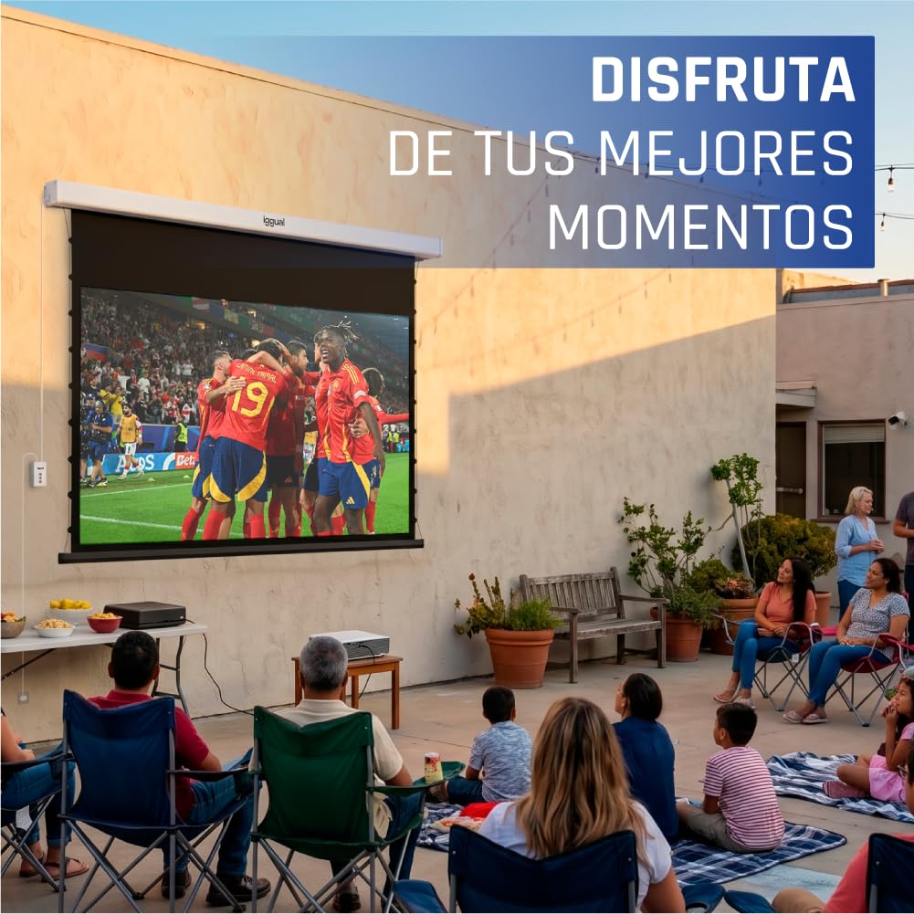 iggual Pantalla Proyección 92" Pulgadas Eléctrica Enrollable Tensionada -Panorámica 16:9 -Control de Pared y Mando Remoto Infrarrojo -Compatible hasta 8k y Cualquier Proyector(203x114 cm)