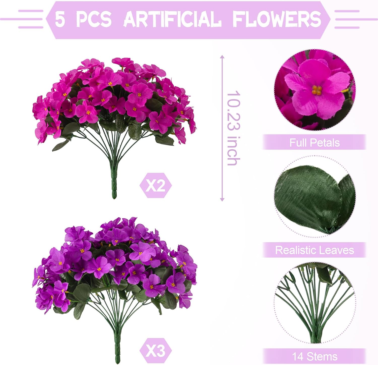 INXUGAO Artificial Flowers for Outdoors Decoration, 5 Bundles Faux Hydrangea UV Resistant Fake Arrangements Plants for Indoor Outside Garden Front Porch Spring Summer Decor, Purple