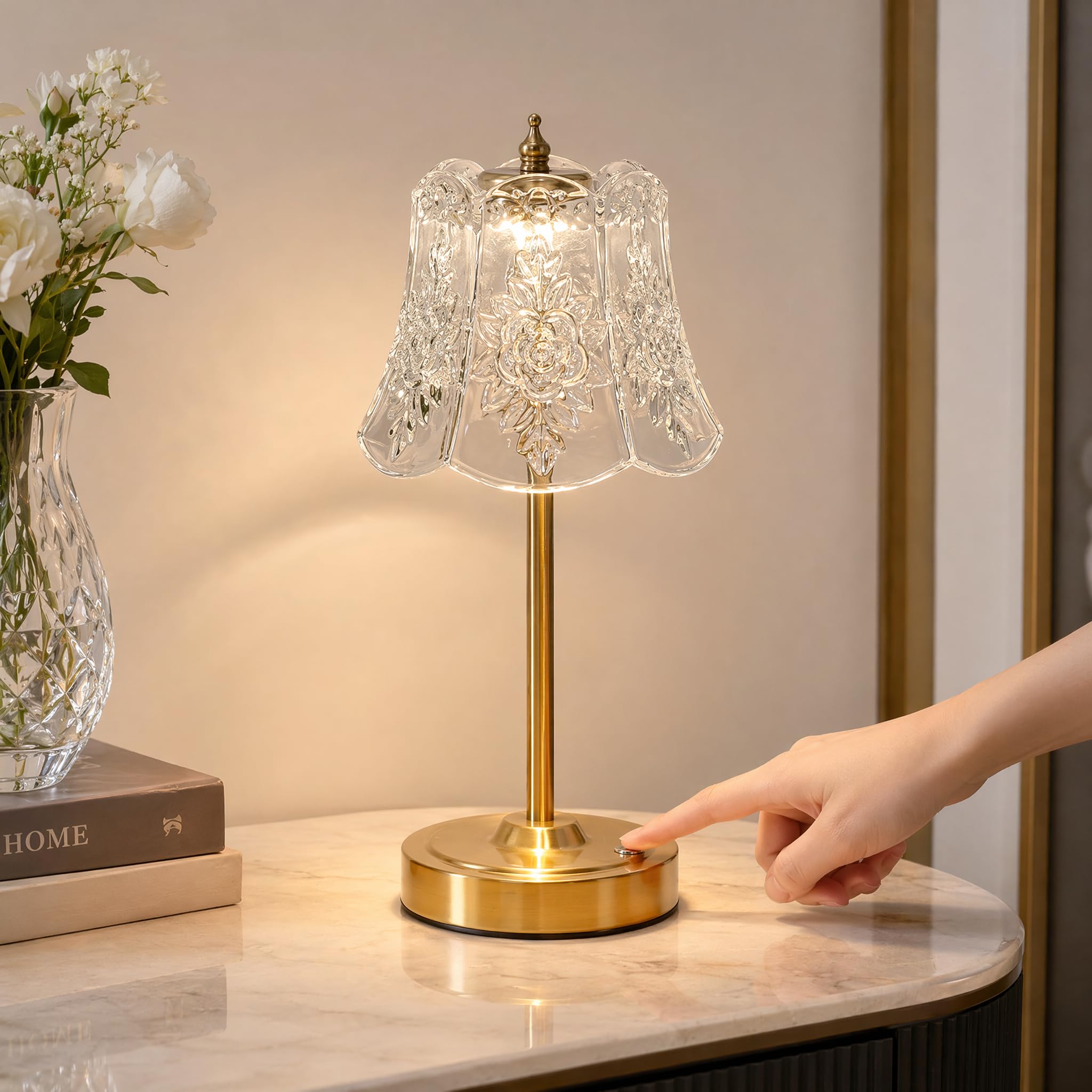 Starhot Rechargeable Table Lamp, Cordless LED Light with 5200mAh Battery, 3 Colour Temperatures, Stepless Dimming Touch Control, USB-C, Gold Crystal Shade for Restaurant Dining Bedside