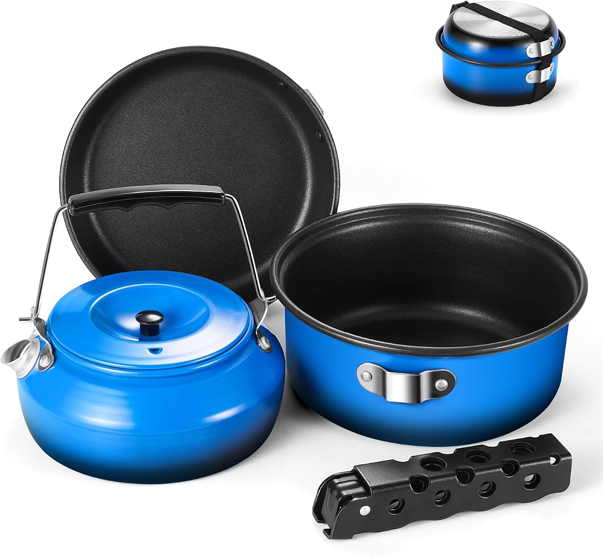 Odoland Juego de 5 utensilios de cocina para camping, olla y sartén antiadherentes con hervidor y mango extraíble para senderismo, mochilero y picnic