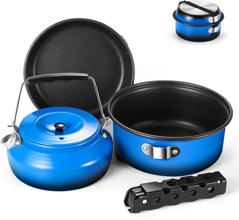 Odoland Juego de 5 utensilios de cocina para camping, olla y sartén antiadherentes con hervidor y mango extraíble para senderismo, mochilero y picnic
