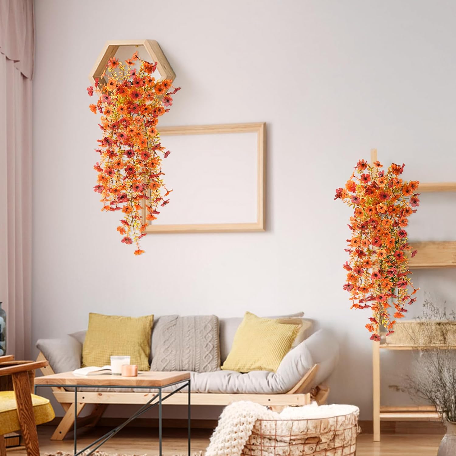 Artificial Fall Fake Flowers for Outdoor, 2 Pcs Faux Hanging Flowers Outdoor Fall Decor, UV Resistant No Fade Fake Mums Silk Flower for Front Door Porch Planters Patio Yard Garden(Orange Autumn Red) - Image 5