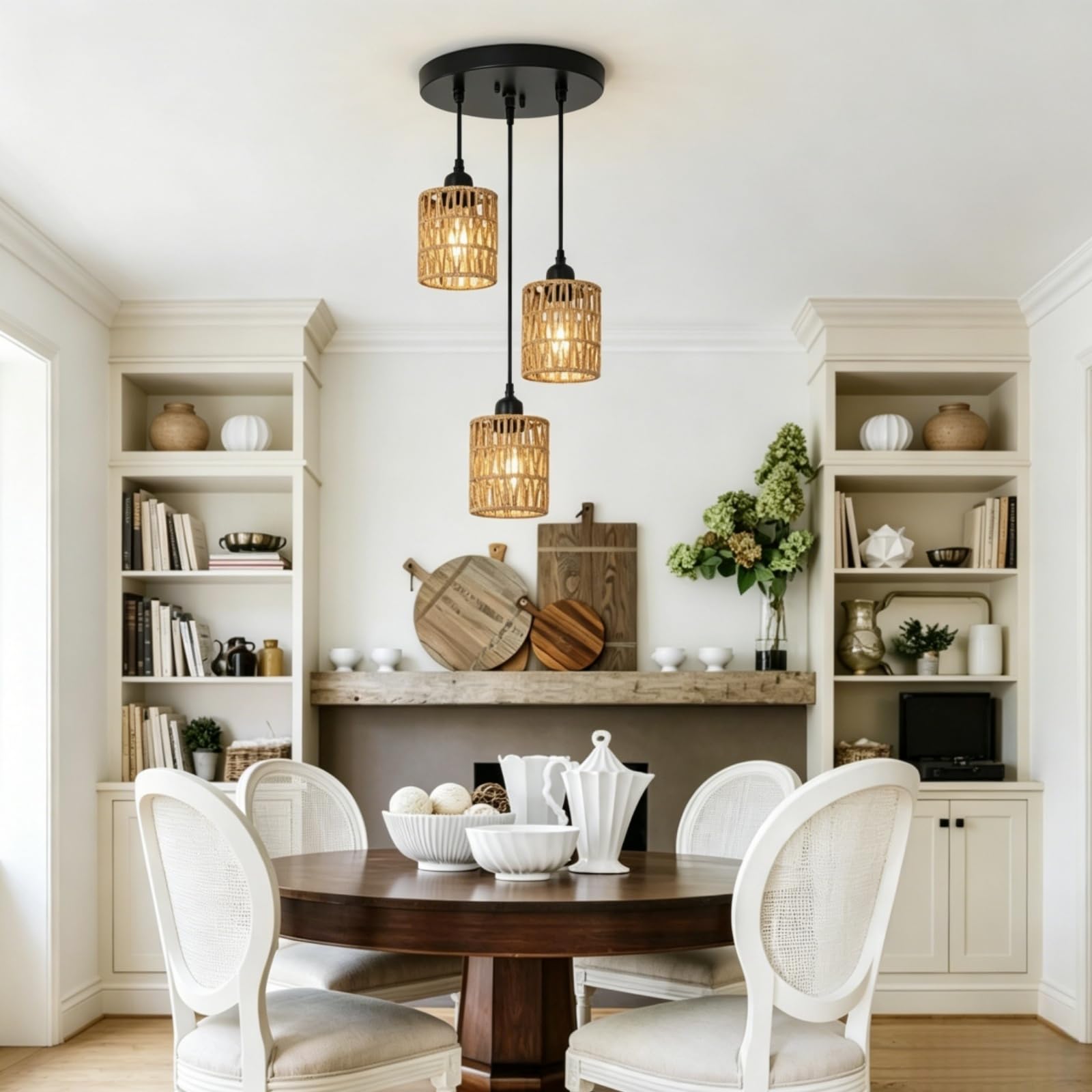 Lampade a Sospensione 3 Luci a Rattan, Retrò Paglia da Soffitto | Boho Lampadario Cucina, Attacco E26, Cavo del Ciondolo Regolabile, Lampadina non Inclusa, per Soggiorno Camera da Letto-Nero