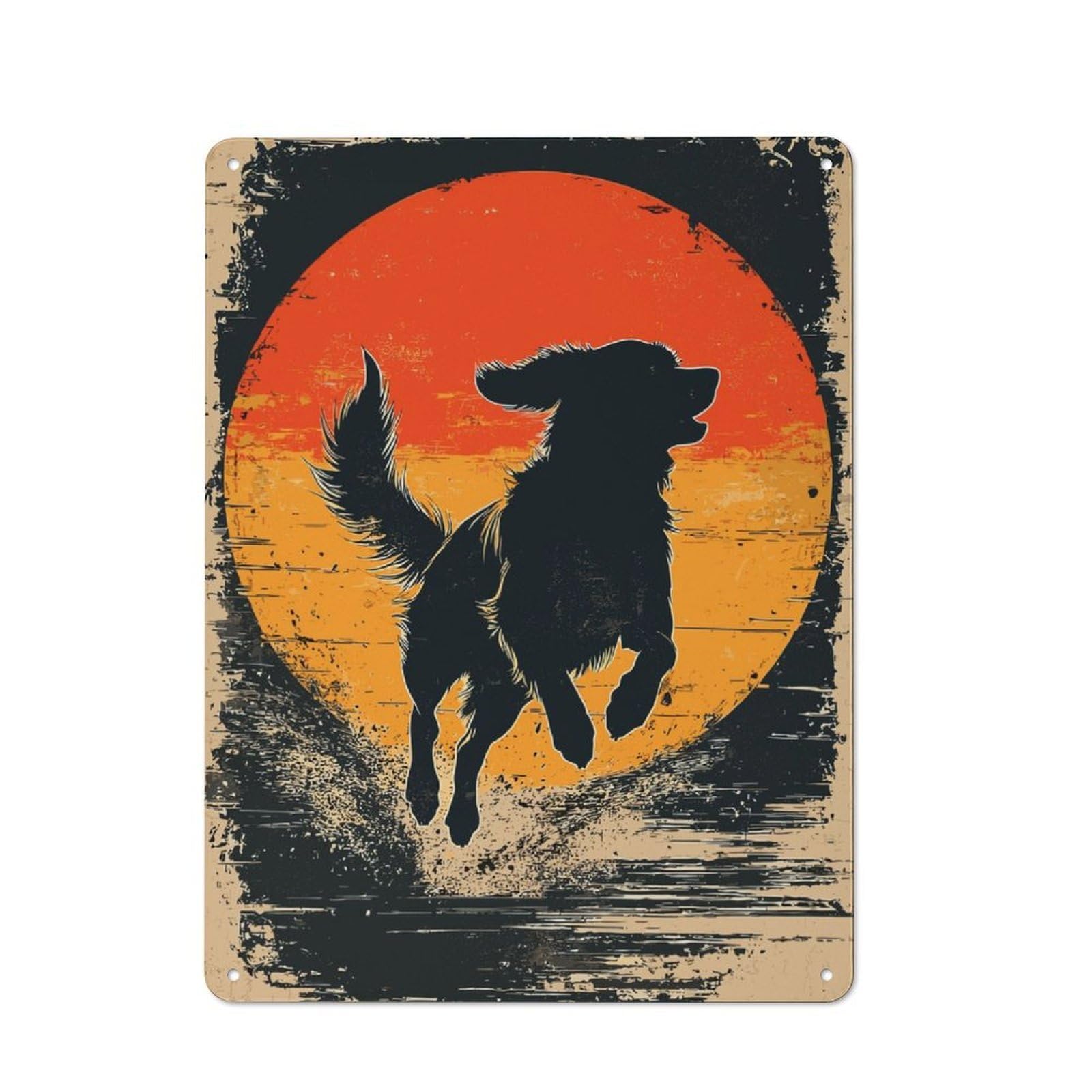 Junmoney Dog Silhouette Sunset Tin Wall Plaque 40X30cm With For Home Office Or Studio, Gift Idea At Christmas For Creative Workspace Decorators