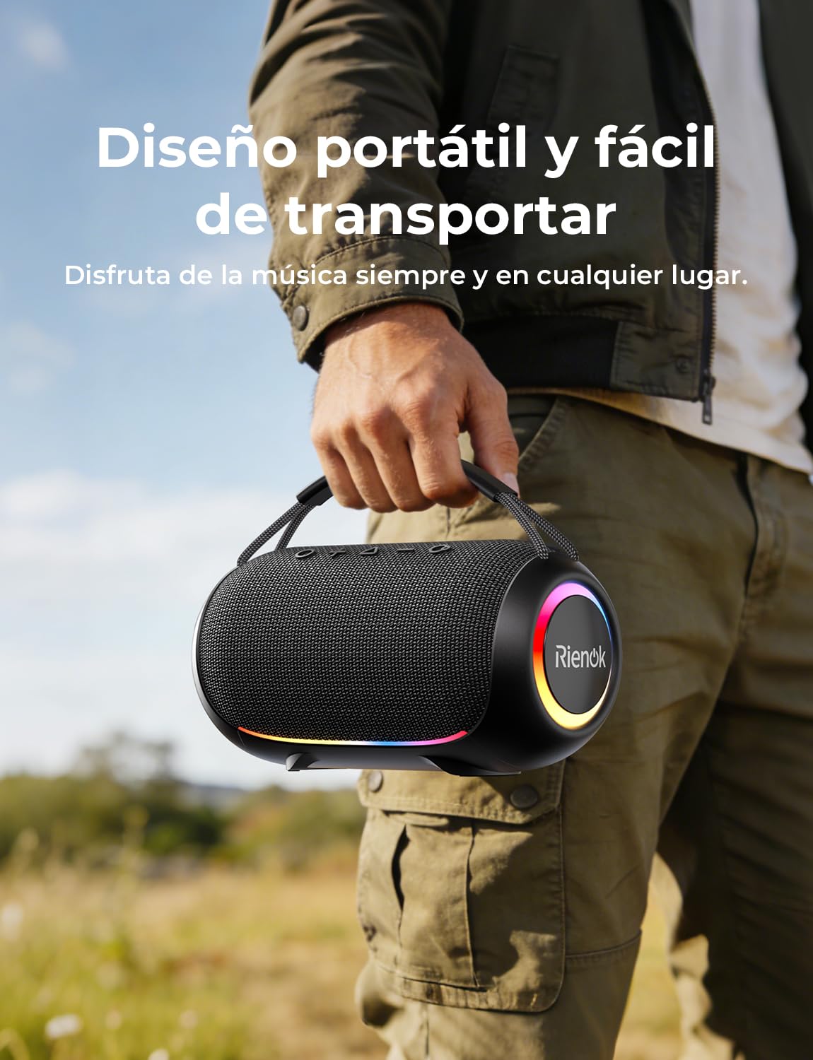 RIENOK Altavoz Bluetooth Potente 80W Portátil 30H Impermeable IPX6 con Luces RGB Bluetooth 5.3 Inalámbrica Emparejamiento Estéreo Apoya 128G Tarjeta TF, AUX, Memoria USB