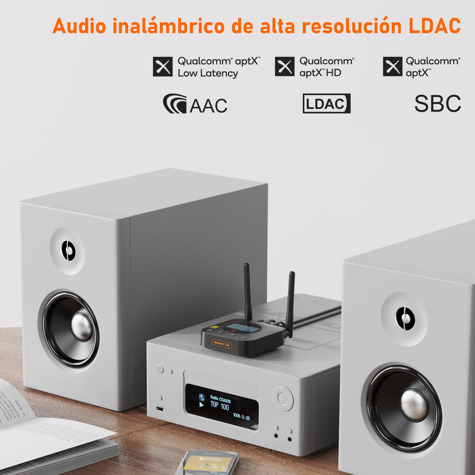 1Mii B06Pro+ Receptor Bluetooth 5.3 HiFi, Adaptador Audio Hi-Res LDAC, aptX Baja latencia/HD con Pantalla LCD, Salida Óptica AUX 3.5mm, Control Volumen, Largo Alcance 60m para Estéreo, Amplificador