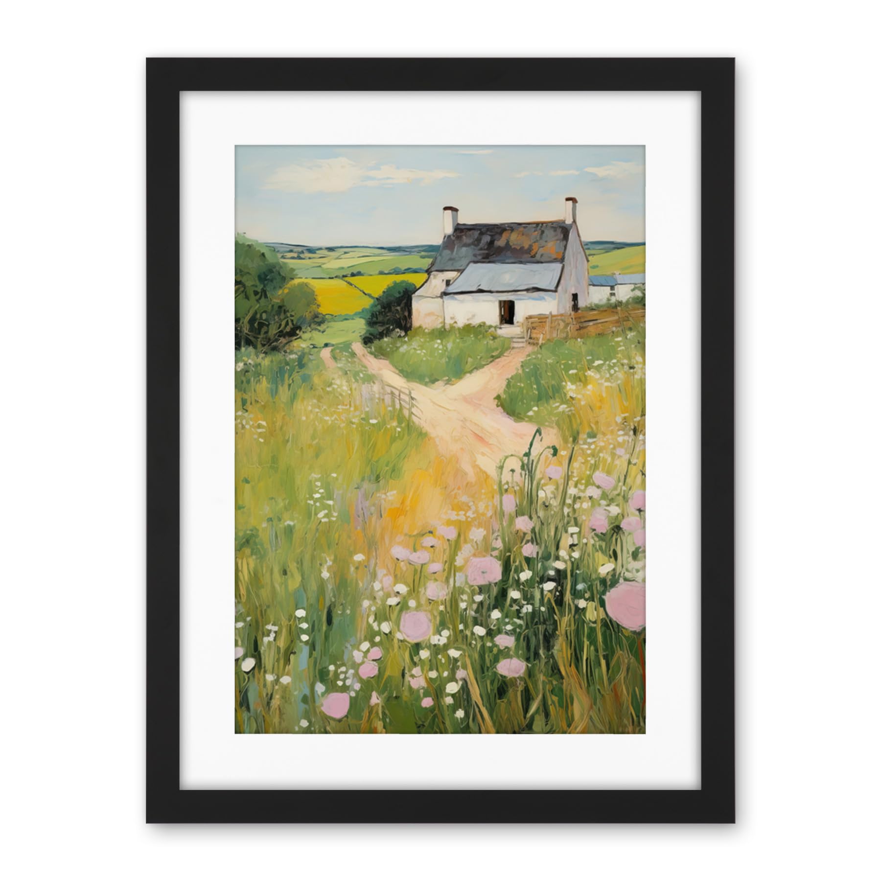 Artery8 Country Farmhouse Cottage Scene Traditional Landscape Oil Painting Meadows Countryside Summer Artwork Framed Wall Art Print 18X24 Inch