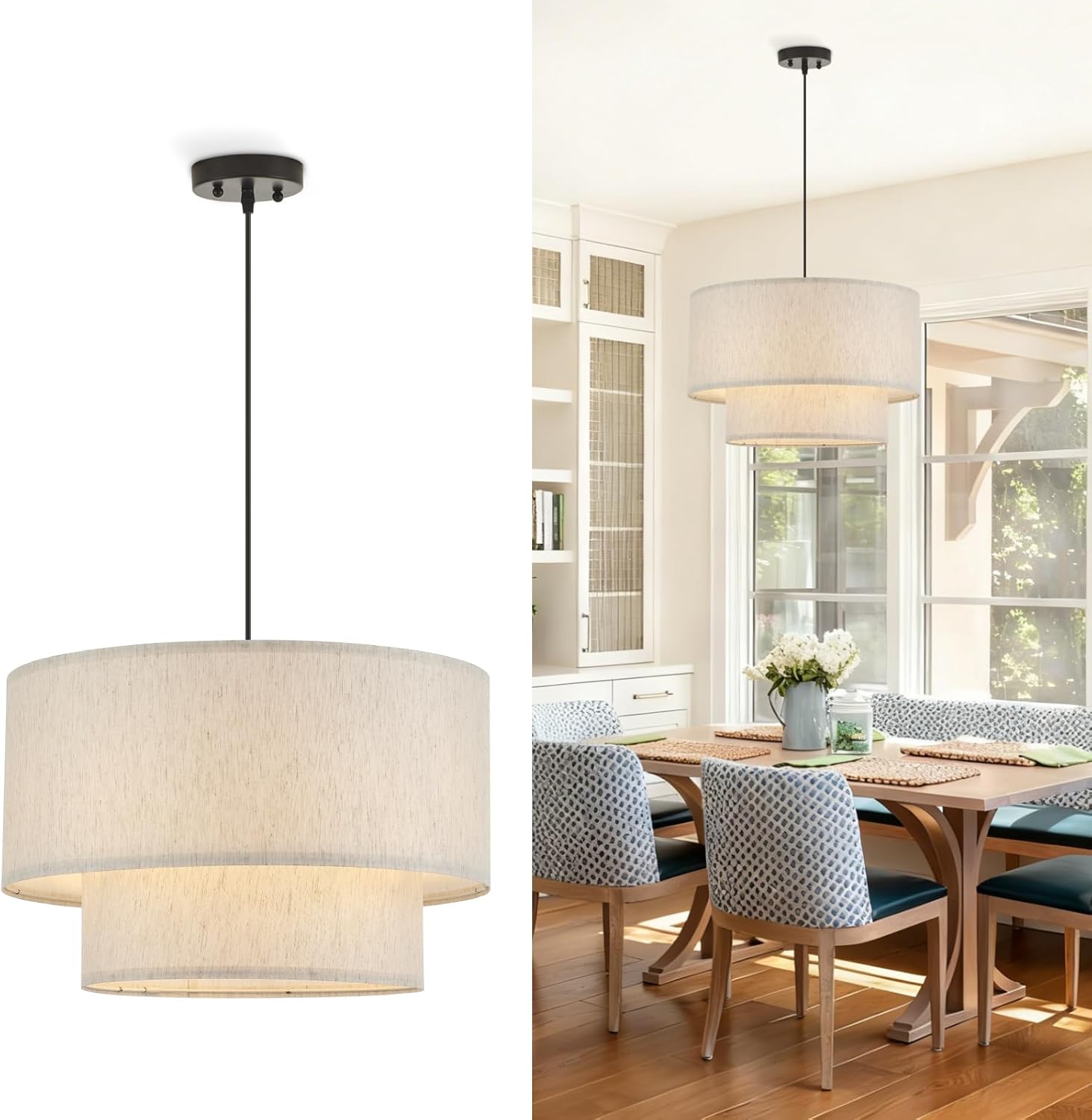 VILUXY Drum Fabric Pendant Light Farmhouse White Chandelier Double Drum Shade Hanging Ceiling Light Fixture 3 Lights Linen for Bedroom Dining Room Living Room Entryway