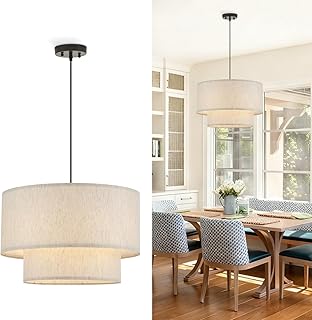 VILUXY Drum Fabric Pendant Light Farmhouse White Chandelier Double Drum ...