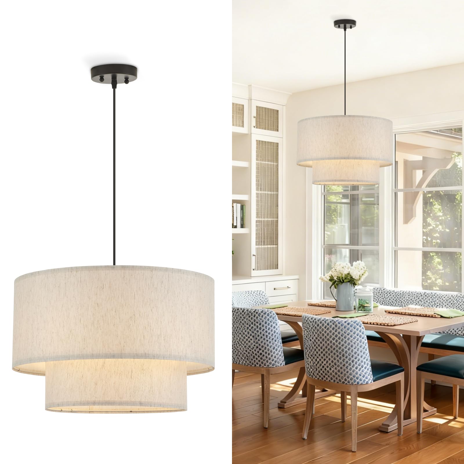 Photo 1 of VILUXY Drum Fabric Pendant Light Farmhouse White Chandelier Double Drum Shade Hanging Ceiling Light Fixture 3 Lights Linen for Bedroom Dining Room Living Room Entryway