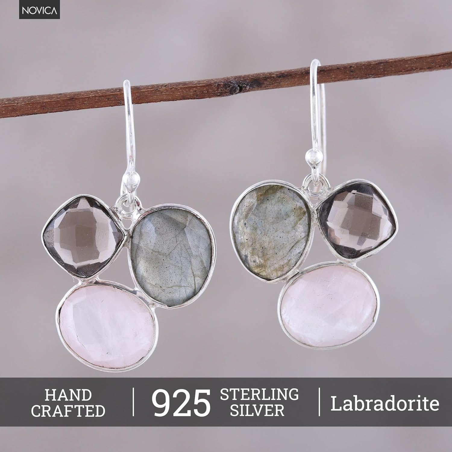 NOVICA Artisan Handmade Multigemstone Dangle Earrings Sterling Silver from India Smoky Quartz Rose Labradorite Birthstone [1.3 in L x 0.9 in W x 0.2 in D] ' Enchanting Trinity' - Image 2
