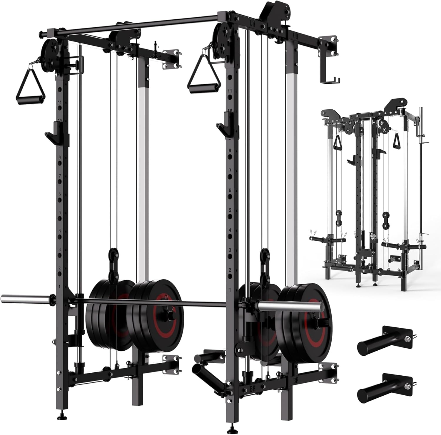GarveeLife Wall Mount Smith Machine, Folding Power Rack with Independent Dual Pulley System, Multi-Function Squat Rack, Heavy Duty Power Cage Workout Equipment for Home Gym Strength Training