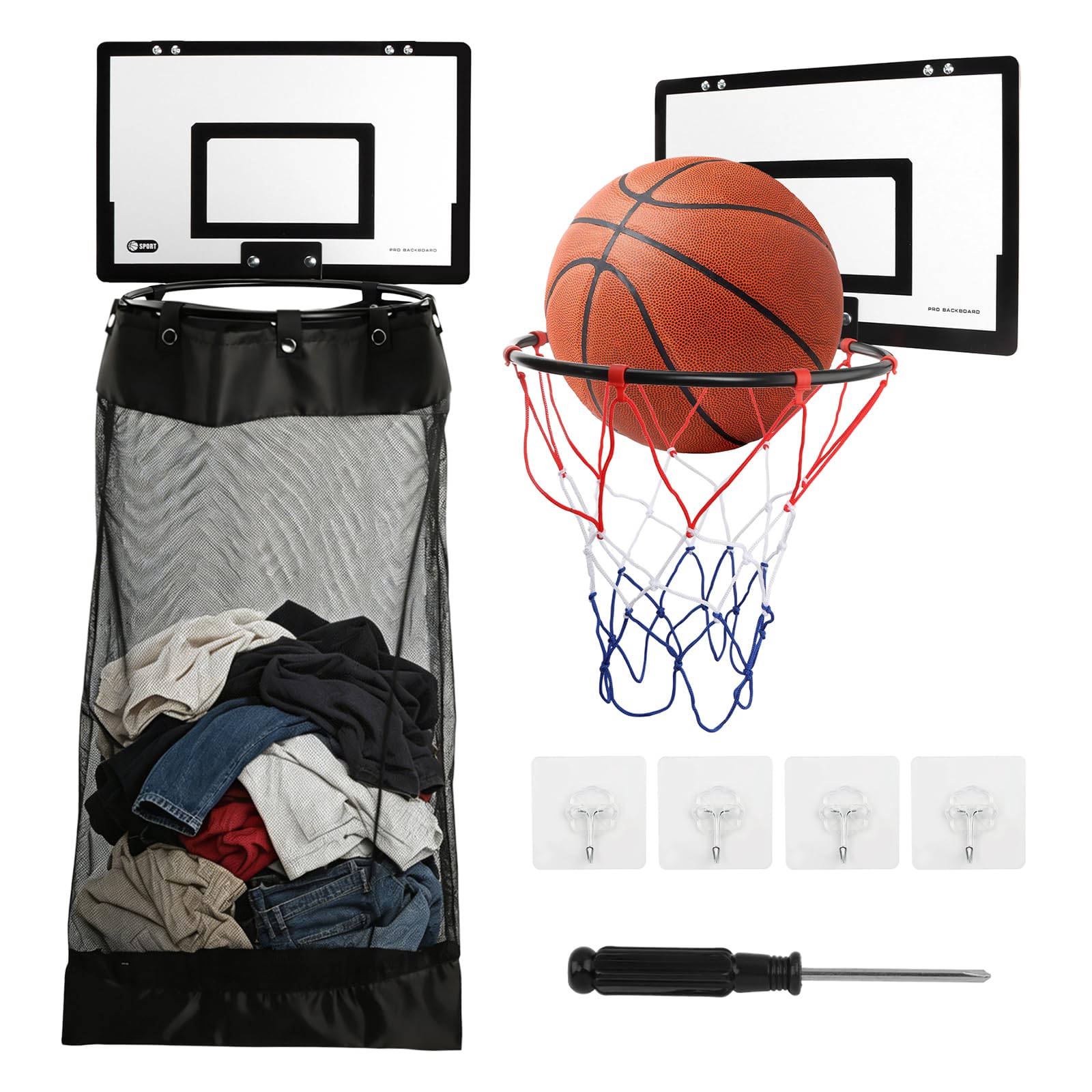 Photo 1 of 2 in1 Wooden Basketball Hamper Over the Door Basketball Hoop Laundry Basket Mesh Hoop Laundry Basket for Room,Dorm Rooms,Bathroom(COLOR:black)
