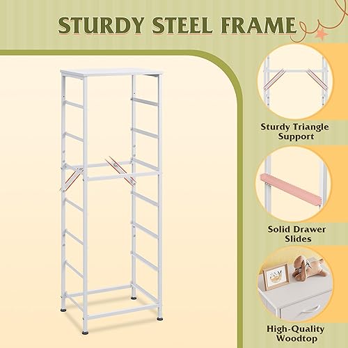 Miniatura 8 de WLIVE - Cómoda alta blanca para dormitorio, 7 cajones y cómodas, cómoda de tela para armario, sala de estar, mesita de noche con marco de metal,