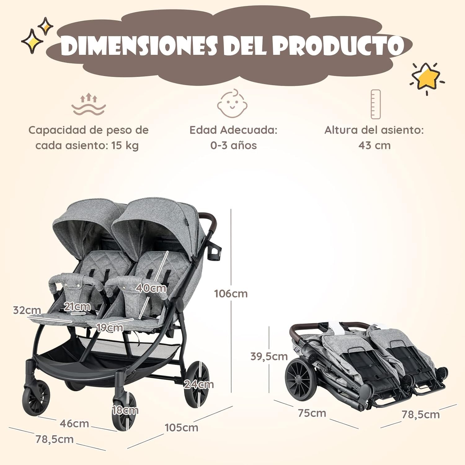GOPLUS Carrito Bebe Gemelos, Cochecito Doble Plegable con Respaldo y Reposapiés Ajustables, Toldo, Cesta y Cinturón de Seguridad, Silla de Paseo Gemelar Carga 22 kg, Bebés de 0-3 Años (Gris Claro)