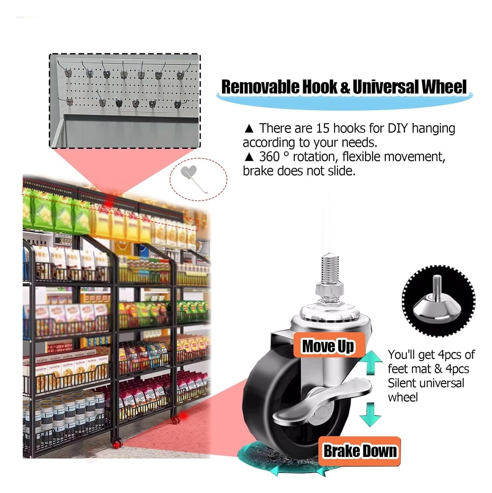 Expositor metálico de 4 Niveles para Snacks con Ruedas y Ganchos: Ideal para Cine en casa y Tiendas, solución de Almacenamiento en mostrador (60 x 27 x 140 cm)