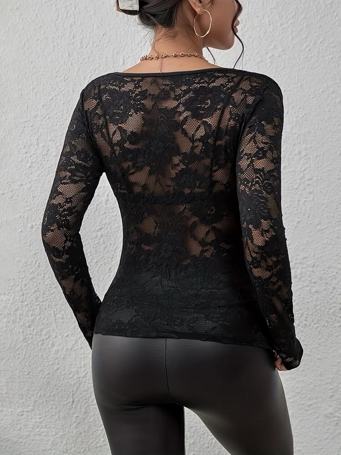 Women's Sexy Floral Lace Long Sleeve Top Slim Fit V Neck Blouses Shirts Sheer Going Out Tops - Image 4
