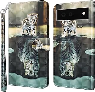 VODEFOX for Google Pixel 7a Case, Wallet Flip Folio Cute 3D Cartoon PU Leather Case Girls Women Card Slots Kickstand Magnetic Closure TPU Cover for Google Pixel 7a 5G - Cat&Tiger