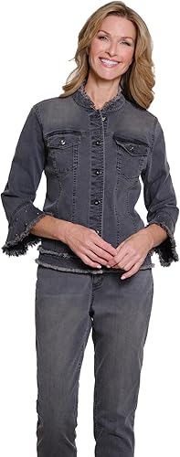MULTIPLES Women's 3/4 Flounce Sleeve Stand Collar 2-Pocket Button Front Embroide