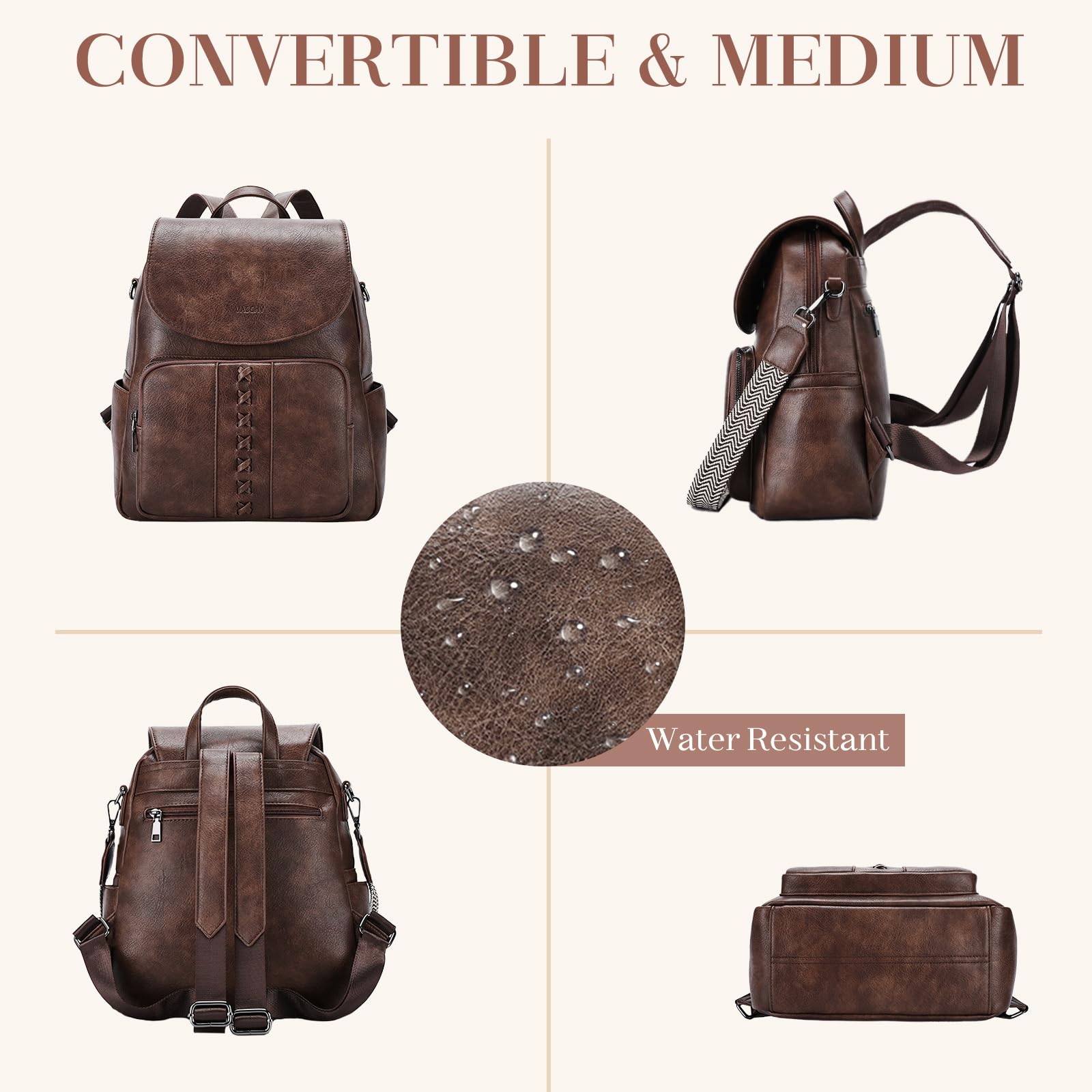 VASCHY Sac à Dos Antivol Femme Cuir, Élégant Sac à Main Porté Dos Bohème Rétro Imperméable avec Bretelle Réglable pour Travail Université Voyage