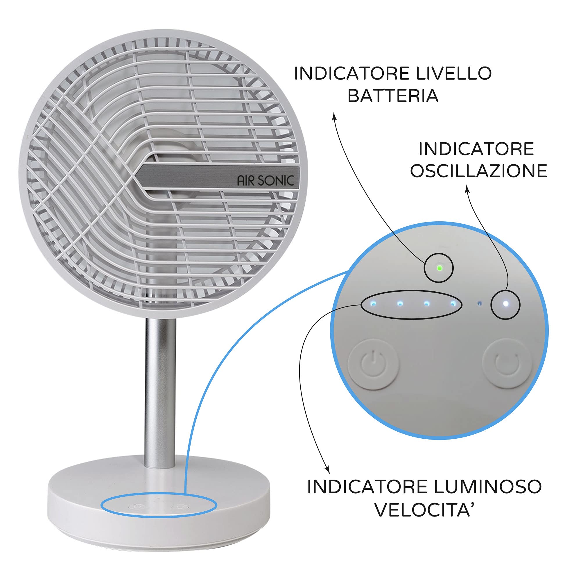 Bimar VD220 Ventilatore da Tavolo Silenzioso USB, Batteria Ricaricabile Litio, portatile D.20 cm, Oscillante, Controllo vocale, Wireless Senza Fili, 4 Velocità, Altezza 37 cm