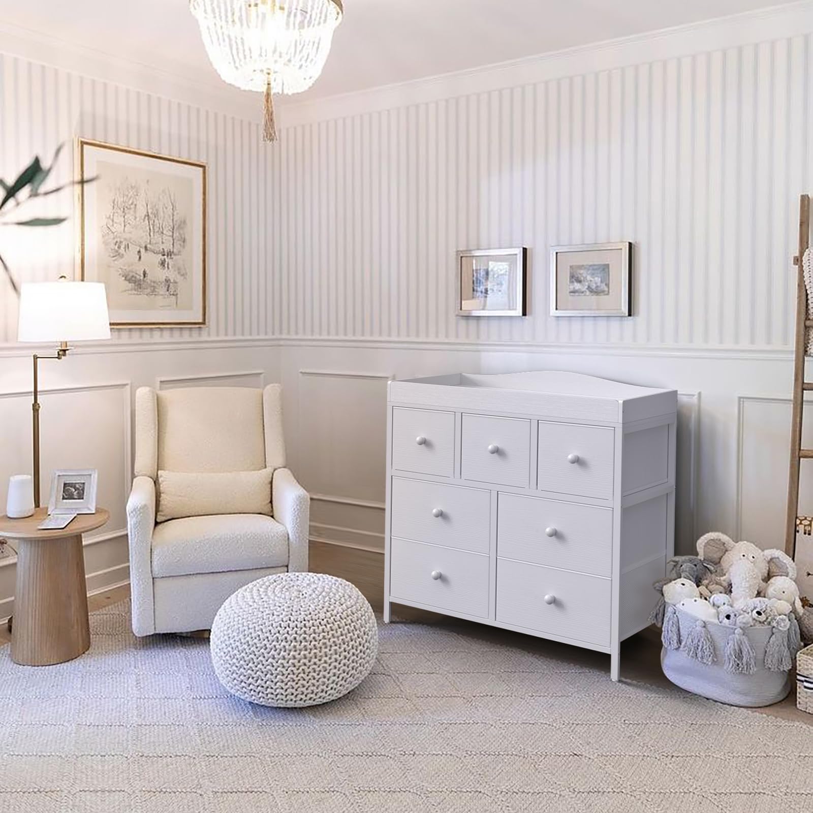 BOLUO Changing Table Dresser with 7 Fabric Drawers, Baby Dresser with Changing Table Top Diaper Changing Station with Storage for Nursery Modern