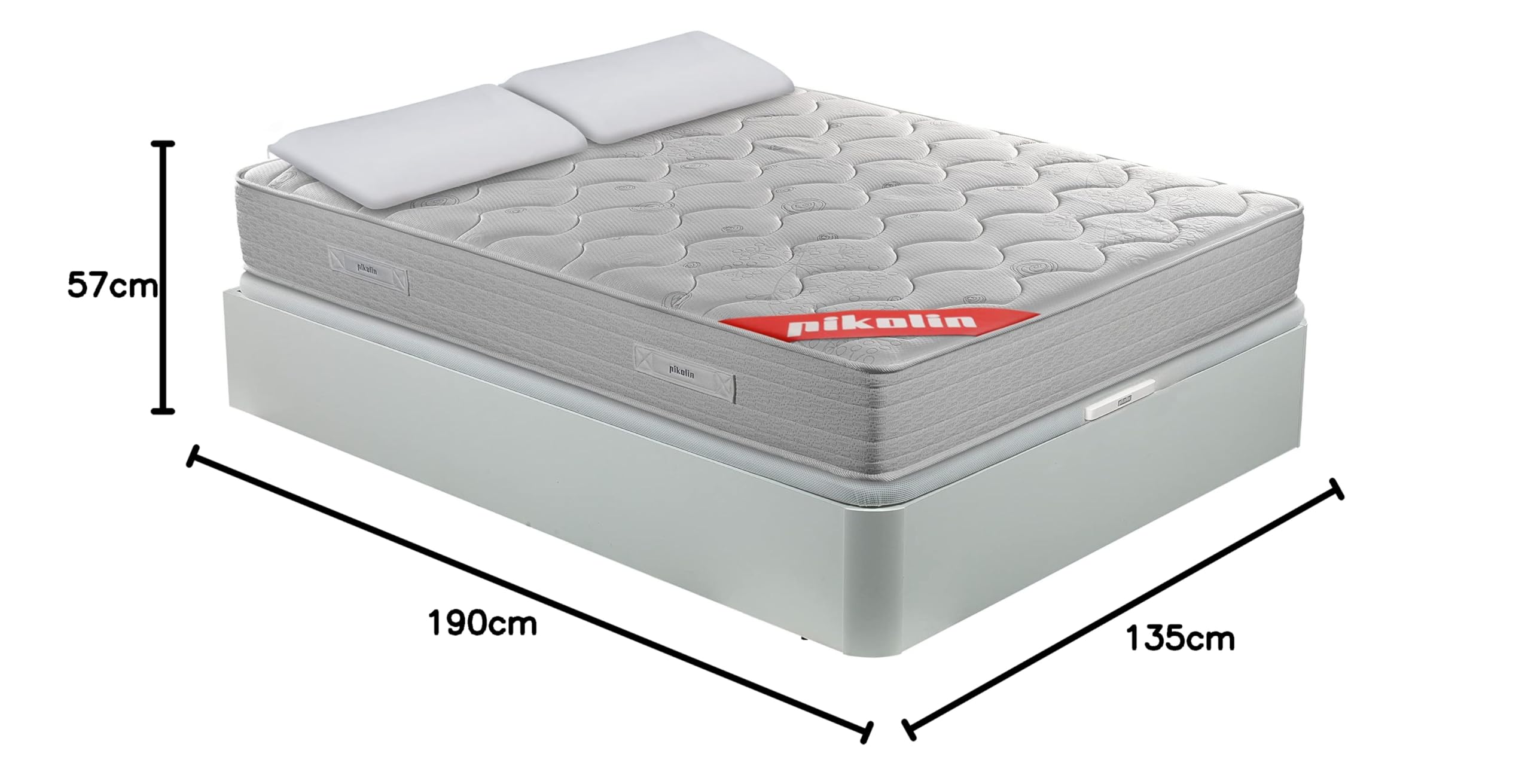 PIKOLIN Pack Colchón Viscoelástico de Muelles 135x190 + Canapé Base Abatible Blanco y Dos Almohadas de Fibra | Incluye Subida a Domicilio, Montaje y Retirada de Usado