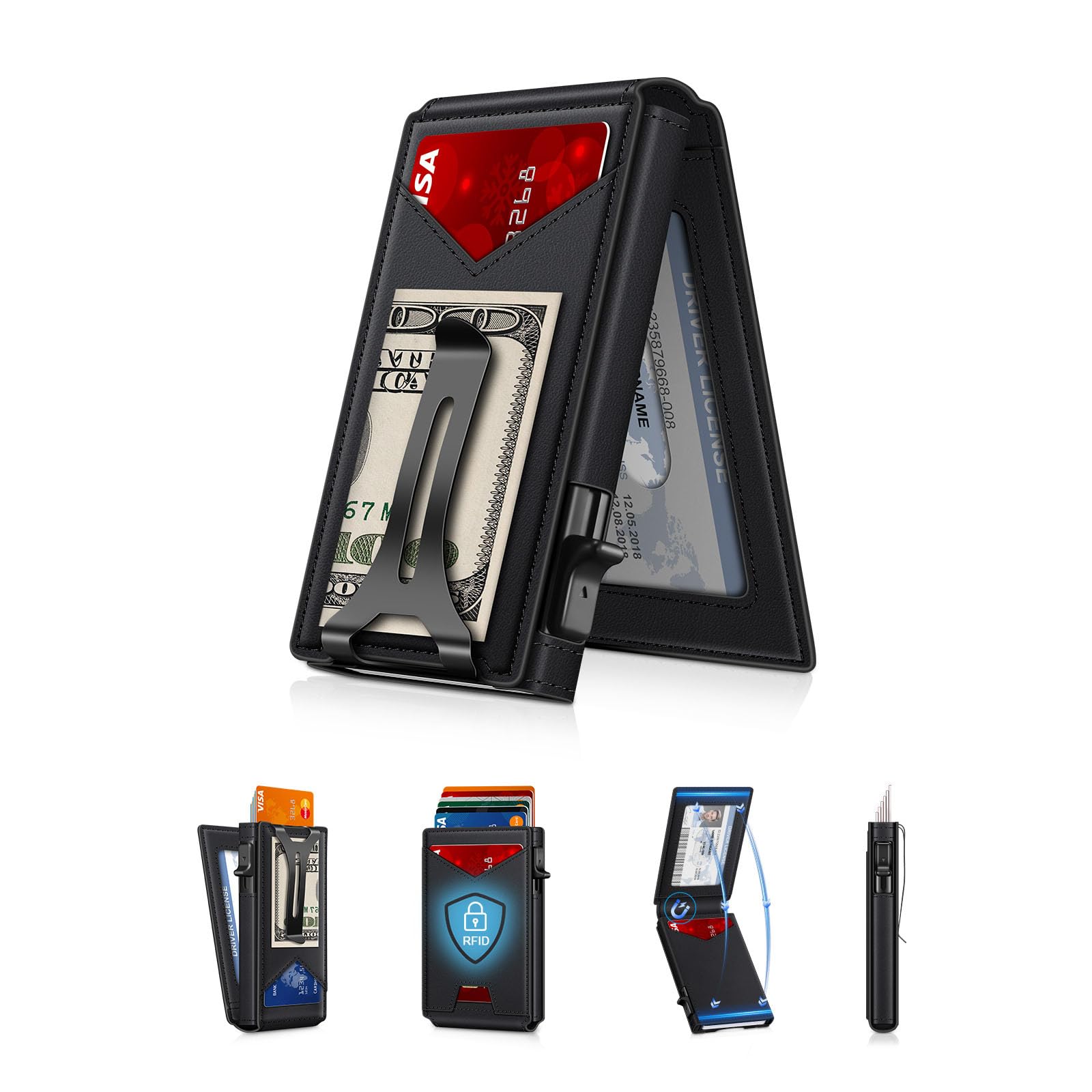 GHUKY Wallet for Men RFID Wallet with Money Clip, Slim Pop Up Card Holder for 10-12 Cards, Minimalist Smart Credit Card Case with ID Window, Bifold