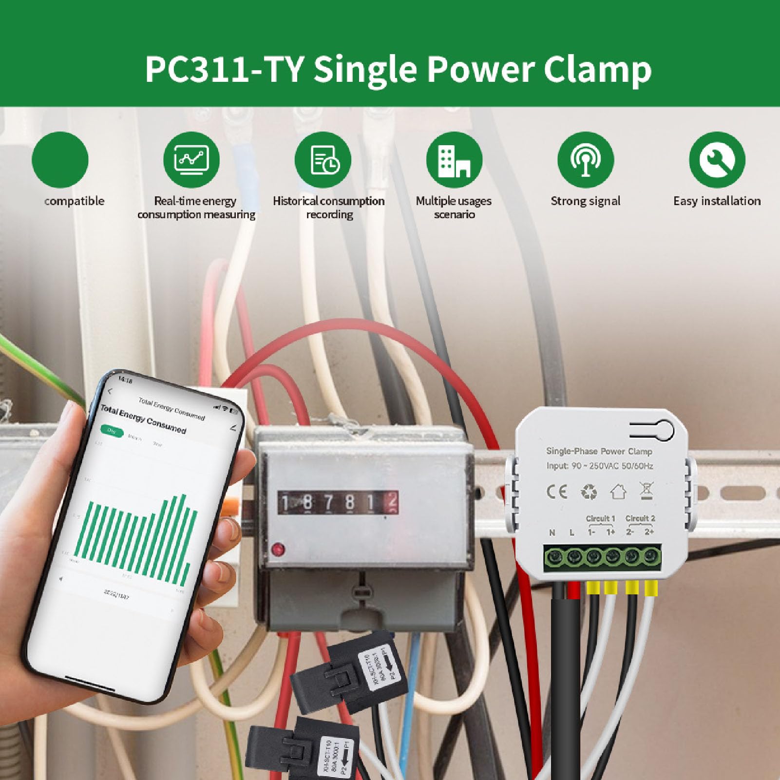 Smart Energy -Messgerät mit 2x200A Stromtransformatoren Echtzeit Echtzeit Elektrizitätsmonitor für Solar -PV -Systeme und städtische Stromnetze ABS -Material 35 -mm -DIN -Schiene