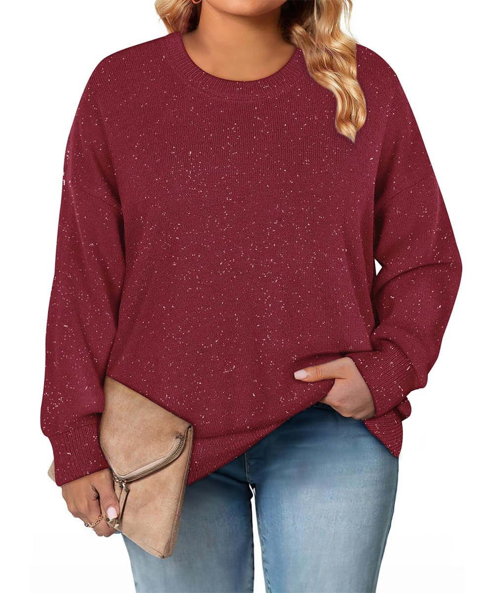 CARCOS Plus Size Sweaters for Women Solid Crew Neck Knit Tops Casual Long Sleeve Pullover Sweater Sparkly Tunic