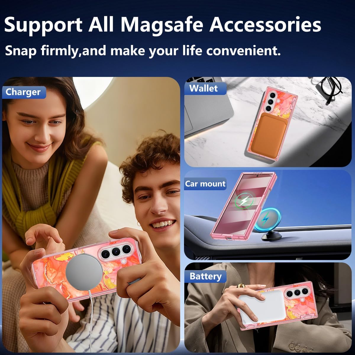 Meshine for Galaxy Z Fold 7 Case,[Compatible with MagSafe][Hinge Protection][Built-in Screen Protector][360°Magnetic Ring Stand],Shockproof Hard Case for Samsung Galaxy Z Fold 7(2025),Coral Pink