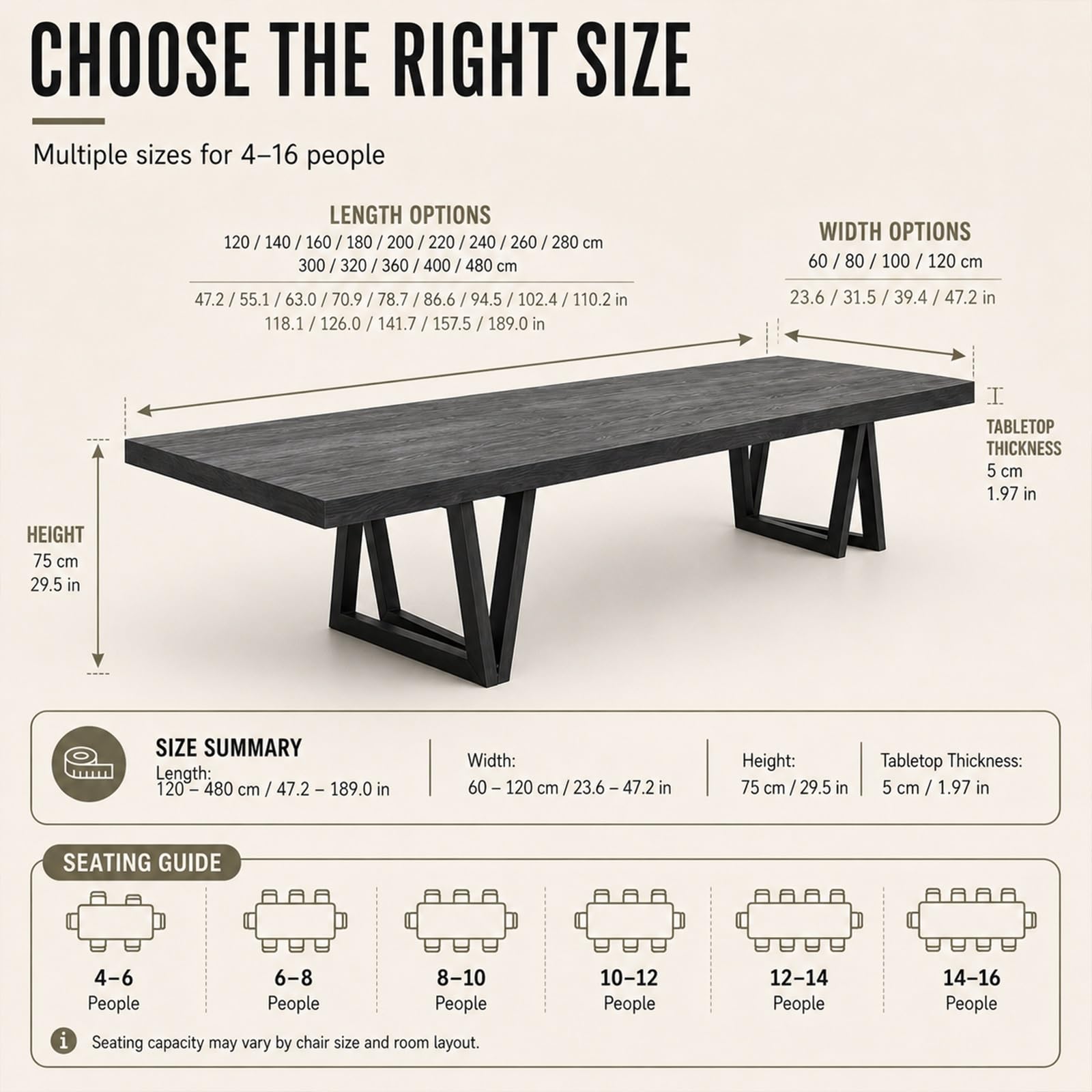 Mesa de Conferencias, Mesa de Oficina Rectangular Grande para 4-16 Personas, Tapa de Madera de 5cm con Estructura de Metal Negro, Varias Medidas para Sala de Reuniones y Seminario