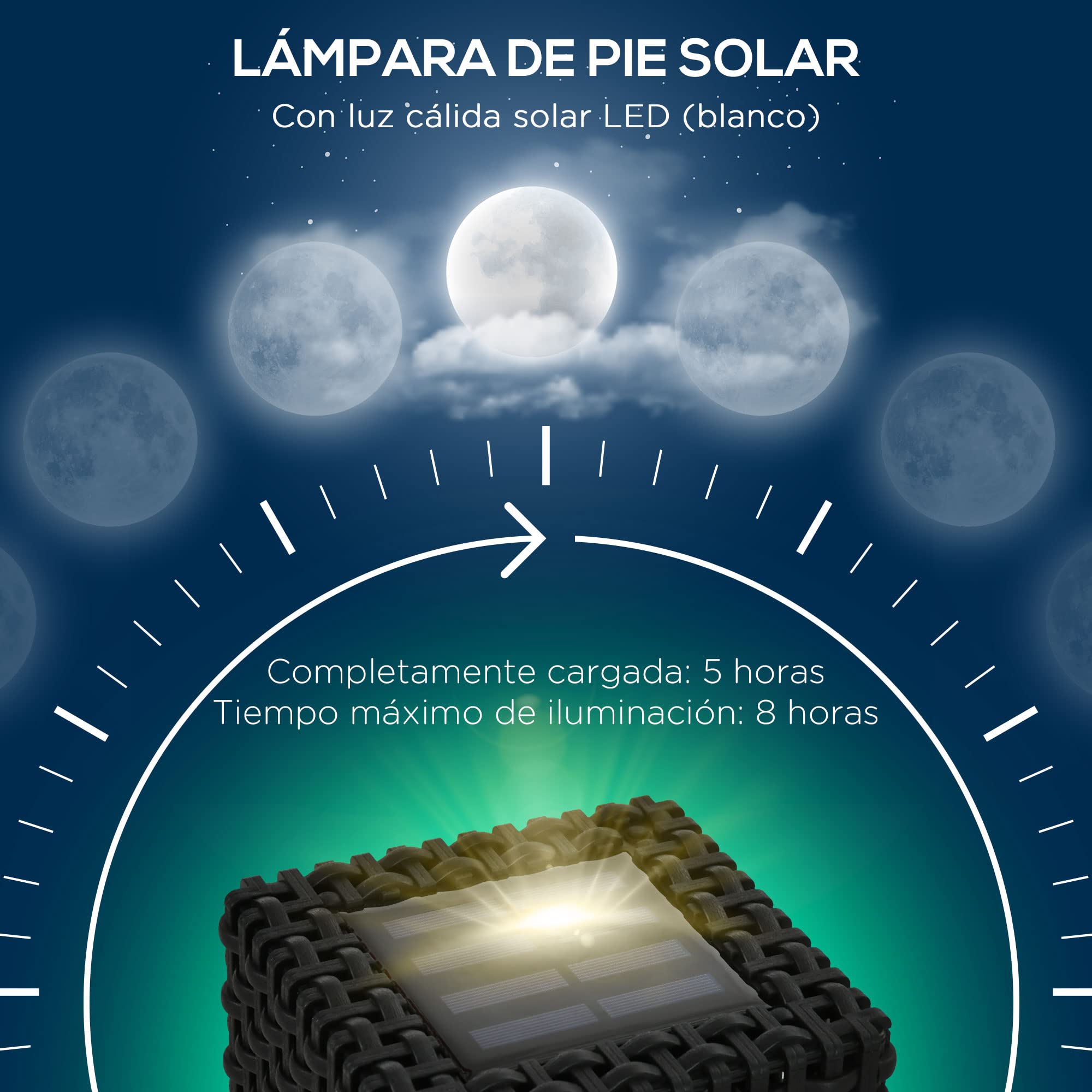 Outsunny Lámpara de Pie de Ratán Sintético Linterna Solar con Luces LED Control Automático para Decoración en Interiores y Exteriores 15,5x15,5x47 cm Negro