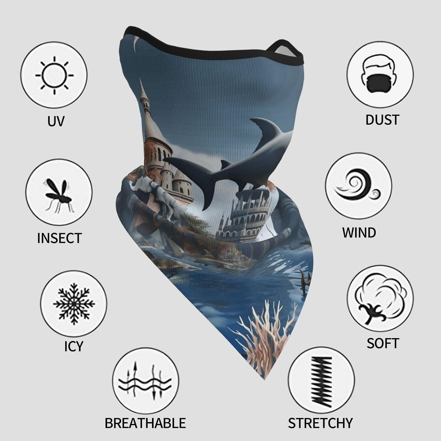 Protection Neck Gaiter Face Cover Sharks, outside of the 'magic school' Balaclava Scarf Mask, Windproof Breathable Sun Shield for Men Women, Skiing Hiking Cycling Outdoor Sports